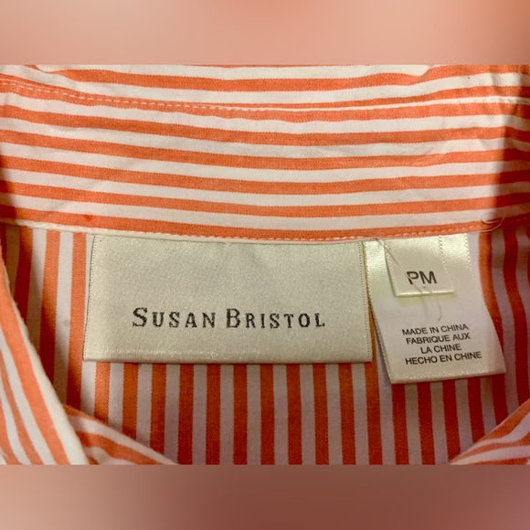 Vtg Women’s Petite Medium Button Front Orange White Striped Susan Bristol Shirt - Picture 8 of 13